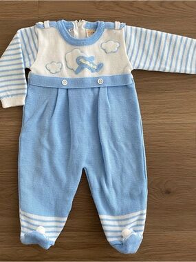 VTG)Friemanit Blue & White Airplane Appliqué Knit Footie Baby Boy’s Size 6M